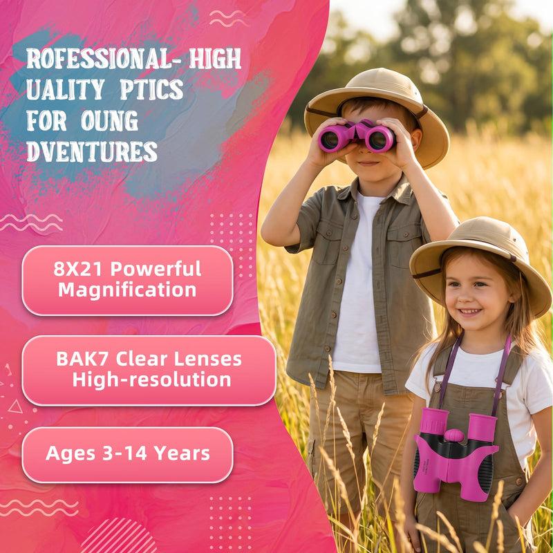 Portable Kids Binoculars 8x21 - Compact Shockproof Real Binoculars for Kids | Great for Bird Watching, Camping, Hiking | Educational Birthday Gift for Boys & Girls Aged 3-12 | Incl. Compass & Carabiner Rose-Pink