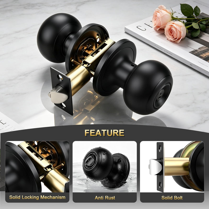 3 Pack Keyed Entry Door Knob, Entrance Door Lock, Keyed Different, Flat Ball, Matte Black Interior and Exterior Entry Door Knobs 3