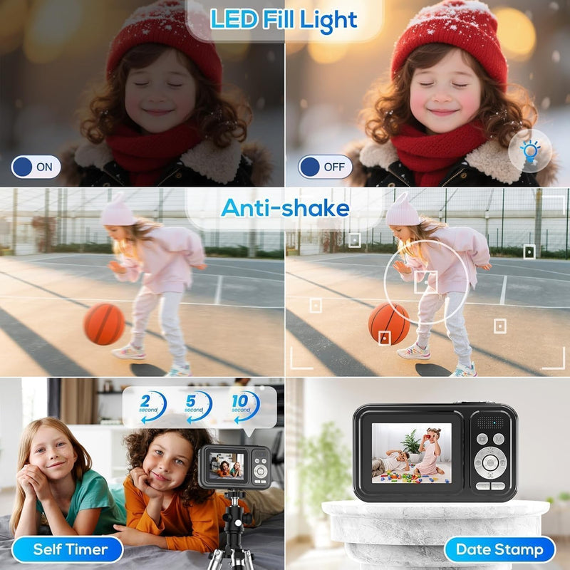 Digital Camera for Kids, 48MP FHD 1080P Point and Shoot Digital Cameras with 16X Zoom Anti-Shake, Compact Portable Cameras for Photography, for Boys Girls Teens Beginners glossy black