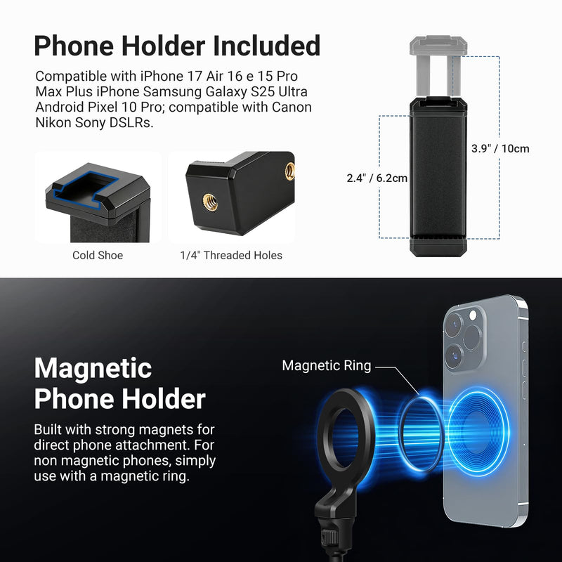 NEEWER BASICS 26.4" Magic Arm with Desk Clamp & Magnetic Overhead Phone Mount Holder Compatible with MagSafe iPhone Samsung Video Recording, DSLR Action Camera Webcam Mic Stand, Max Load 1.1 lb, UA062