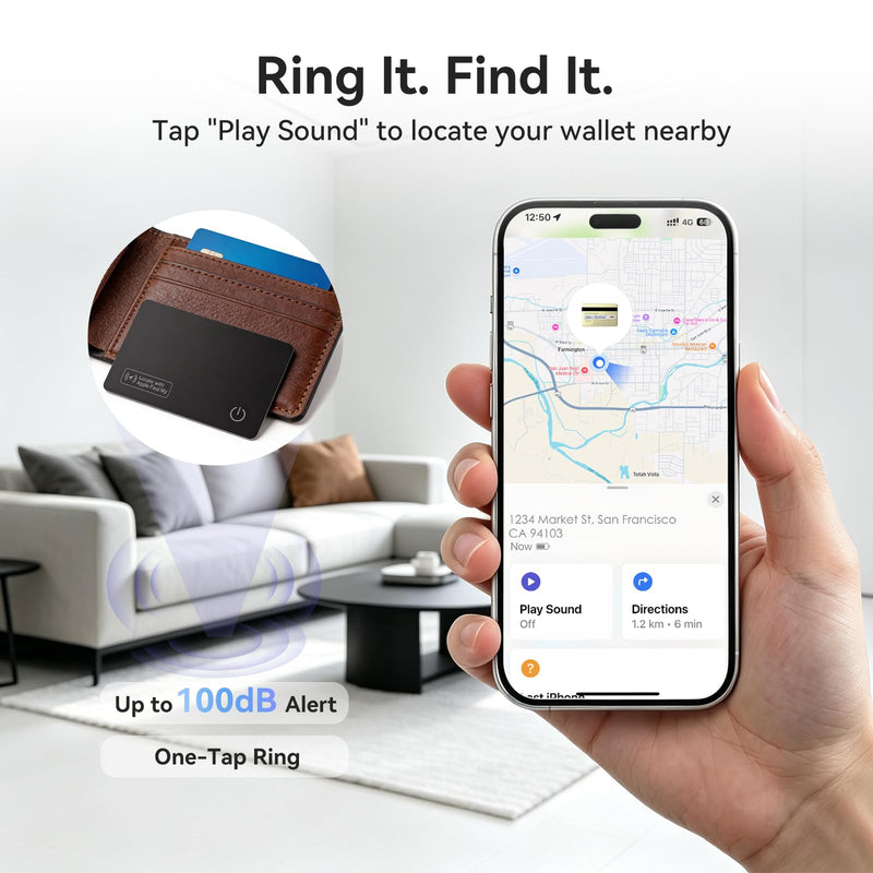 Wallet Tracker Card Compatible with Apple Find My iOS only | 0.07in Slim Wallet Finder, IP68 Waterproof, Tracking Card for Wallet, Luggage Tag, Passport & Purse, Wireless Rechargeable Carbon Black 1