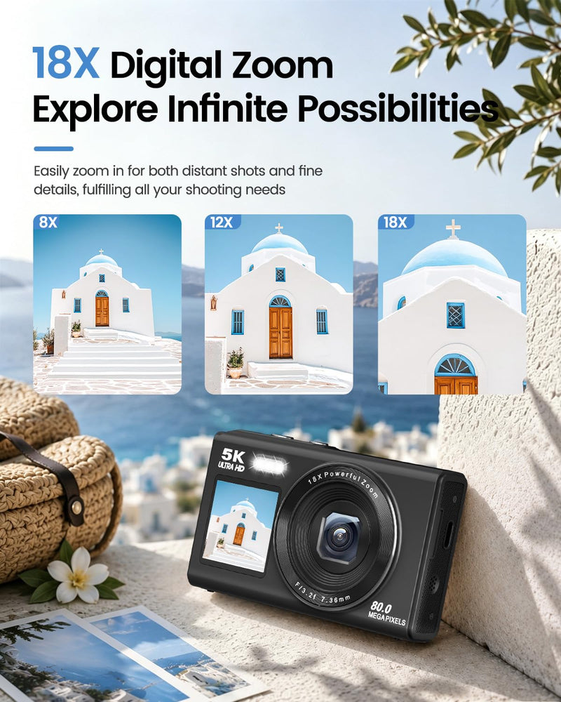 5K Digital Camera for Teens and Beginners, Dual Screen Compact Vlogging Camera with 18X Digital Zoom, Point and Shoot for Travel, 32GB Card and 2 Batteries Black