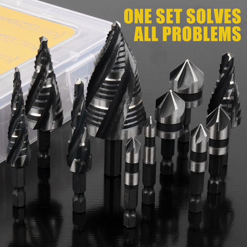 5 Pcs Four Spiral Flute Step Drill Bit Set & 6 Pcs Countersink Drill Bits with Tool Box, Nitriding HSS Drill Bits for Metal, Aluminum, Wood, Plastic