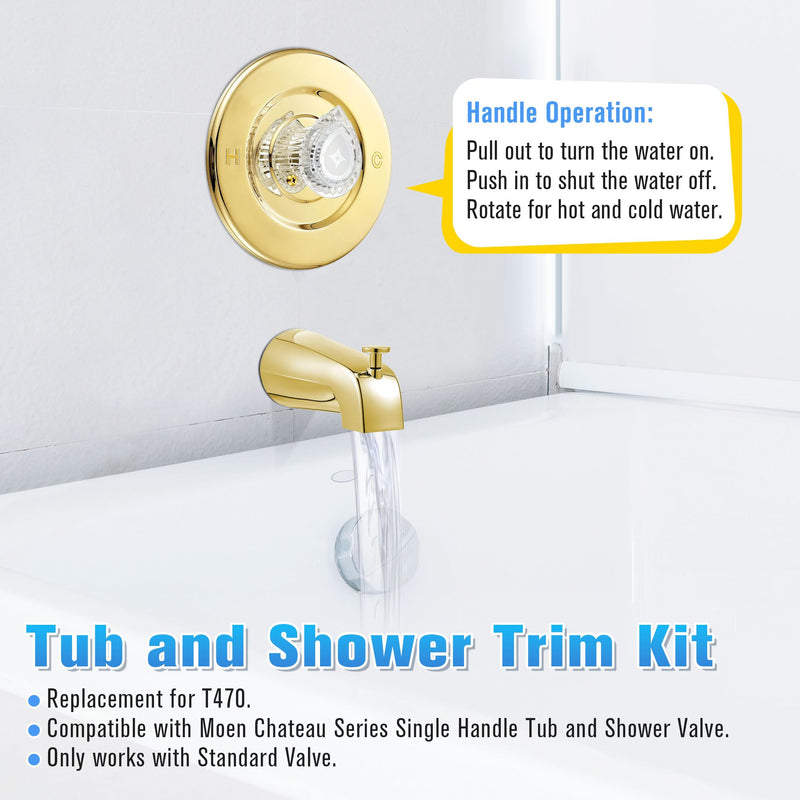 Enhon Tub and Shower Trim Kit, Shower Trim Compatible with Moen Chateau T470 Single Handle Tub/Shower Standard Valve, Escutcheon Screws Tube and Handle(Polished Brass) Polished Brass