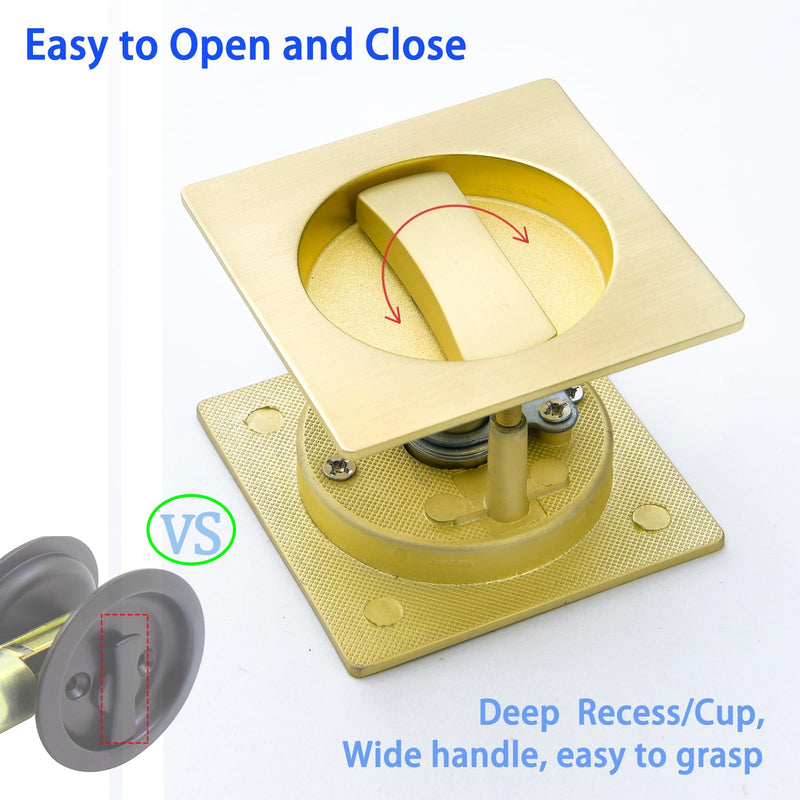 Dontay Pocket Door Passage Latches Lock,Flush Double Sided Rotation,Privacy (Bed/Bath) Latch,Large Lever,Hardware for 1 3/8" to 2 3/16" Sliding Door & Bathroom Doors (Satin Brass, Square - 1 Set) Satin Brass
