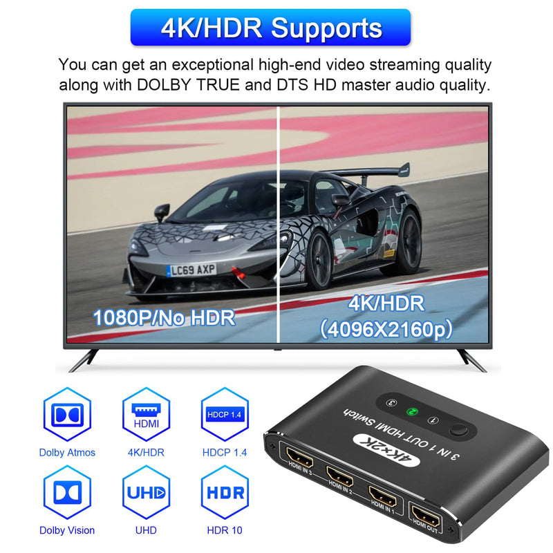 HDMI Switch 3 in 1 Out, 4K@60Hz HDMI Selector with Remote Control, 3 Ports HDMI Switcher, Perfect for Full HD 4K 1080P 3D Video Roku Fire TV Blu-ray Players Stick Apple PS4/PS5 Xbox Chromecast (black) Black