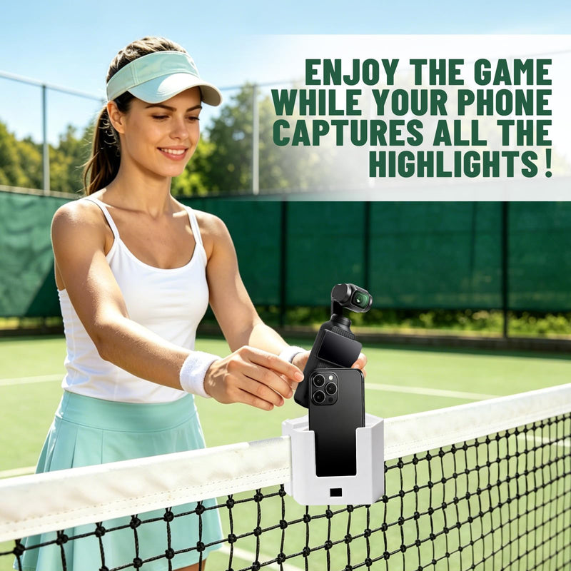 Tennis Net Phone Holder - Portable Camera Mount with Charging Port Cutout for Net & Fence - Dual Holders for Pickleball Badminton