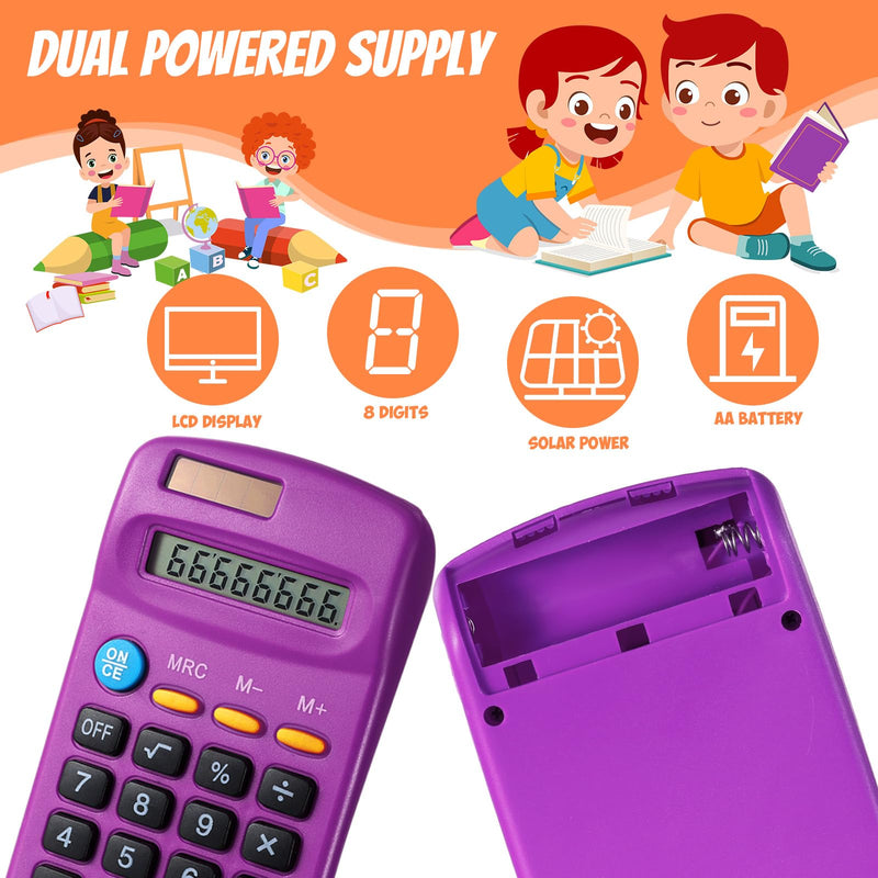 24 Pieces Basic Calculators for Students Small Pocket Size 8 Digit Display Mini Calculators Dual Powered Handheld for School Desktop Home(Purple) Purple