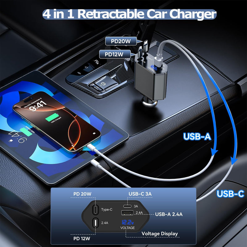 66W Retractable Car Charger Fast Charging,4 in 1 Car Charger USB Fast Charge with Retractable USB C Cable + Lightning Cable,USB C Port and USB A Port Car Phone Charging for iPhone 17/16/15/14/13,iPad