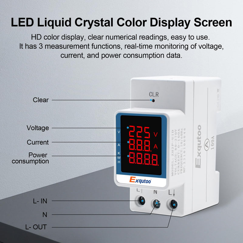 Exqutoo Digital Display Energy Meter - AC Rail-Mounted Meter Electricity Usage Monitor for Voltage, Current, and Energy Consumption Measurement - GT2P-UID, AC 80~270V, 0~100A, 50/60Hz 3 Functions Digital Display