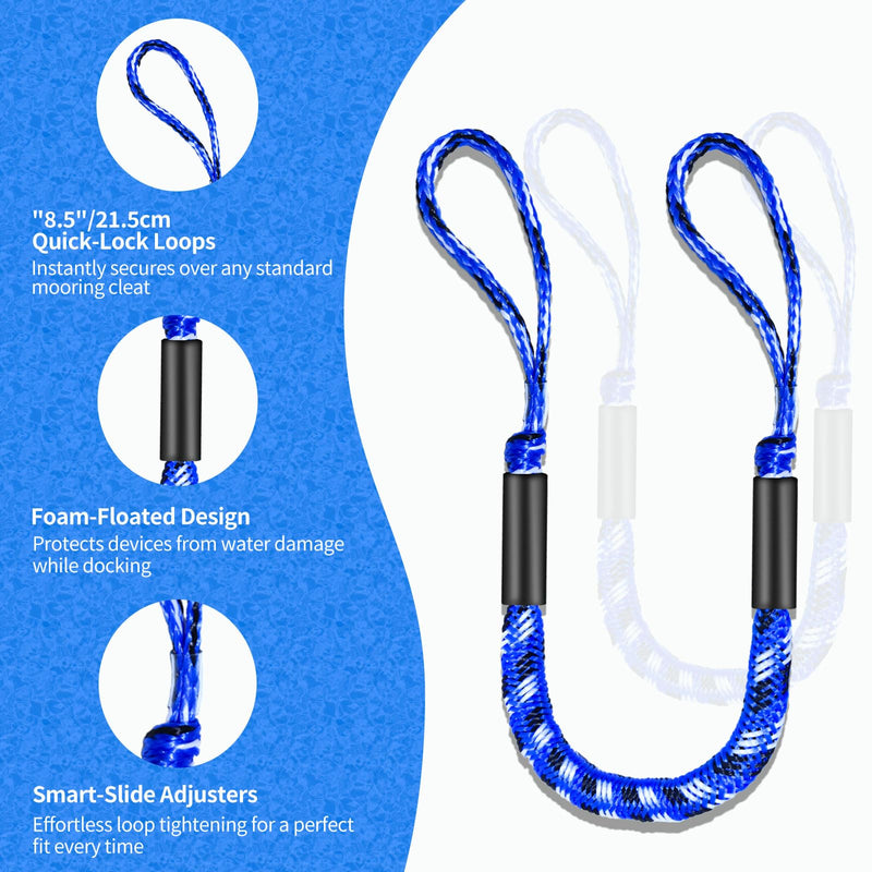 3FT Bungee Dock Line for Boats with Loops – Connect or Secure Docking for Small & Medium Sized Boats Like Kayak,PWC, Canoe, Bass Boat, Jon Boat, Boat Fender Lines (Blue,Black&White) Blue,black&white
