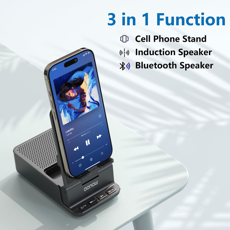 DONOW Wireless Induction Bluetooth Speaker with Cell Phone Stand, HD Surround Stereo Sound Foldable Phone Holder Perfect for Tablet iPhone Android, Gifts for Men Women (Black) Black