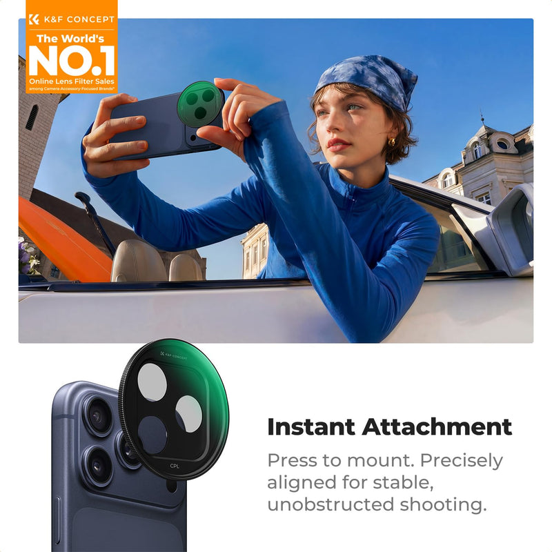 K&F CONCEPT Snap-On CPL Filter Compatible with iPhone 17 Pro Max/17 Pro | 9.5g Ultra-Lightweight Polarizing Filter with Snap-on Deco Mount, AGC Glass 28-Layer Coating Anti-Reflection, FA301 Black