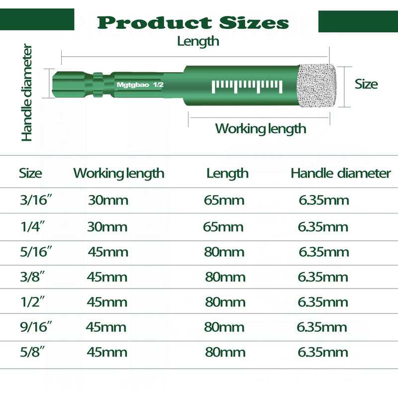 10PCS Green Dry Diamond Drill Bits Set, Tile Drill bit for Granite Marble Tile Ceramic Stone Glass Diamond Hole Saw Kit with Size 3/16,1/4, 5/16, 3/8, 1/2