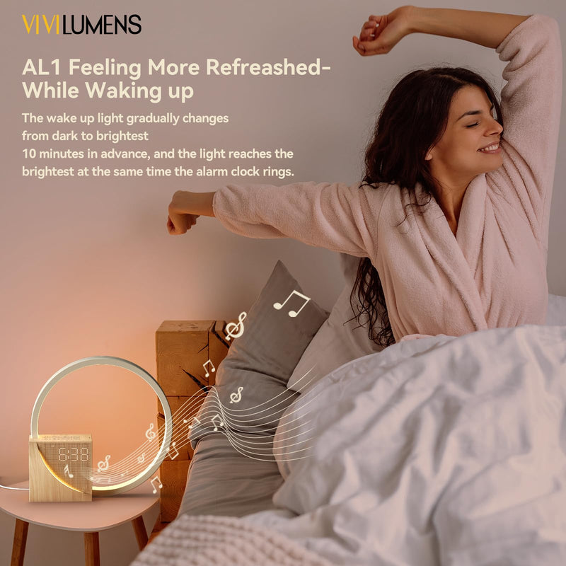 Vivilumens Sunrise Alarm Clock for Heavy Sleepers Adults, Wake-up Light, Sleep Aid 10 White Noise Sound Machines with 30/60/90 Timer, 3 Level Dimmable Touch Table Lamp with Snooze USB Charger Port Wood Grain