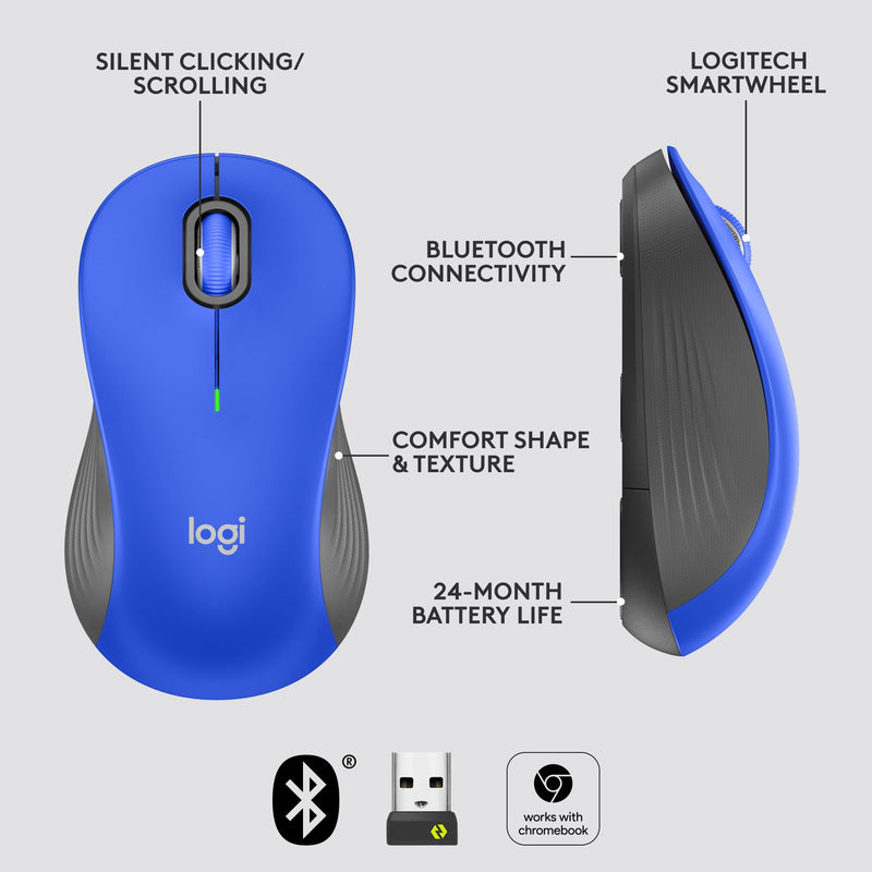 Logitech Signature M550 L Full Size Wireless Mouse - for Large Sized Hands, 2-Year Battery, Silent Clicks, Bluetooth, Multi-Device Compatibility - Blue Large Size