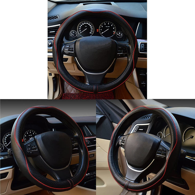 Car Steering Wheel Cover, Anti-Slip, Safety, Soft, Breathable, Heavy Duty, Thick, Full Surround, Sports Style (Black with Red line) Black with Red line