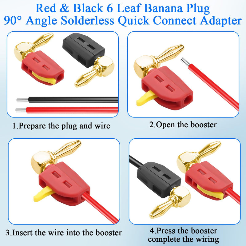QIANRENON 90° 4mm Banana Plug Quick Connect Connector Gold Plated 6 Leaf Banana Plug solderless Right Angle Audio Adapter High Current 32A, for DIY Hi-Fi Speaker Amplifier, Red + Black