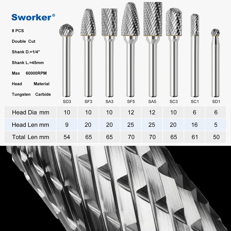 Sworker 8Pcs Carbide Burr Set 1/4 Shank w/Grey Flat Box Max Head Dia 12mm Die Grinder Bits Rotary Tools Attachment Kit Accessories Metal Wood Stone Steel Grinding Deburring Cutting Porting Carving Grey Case