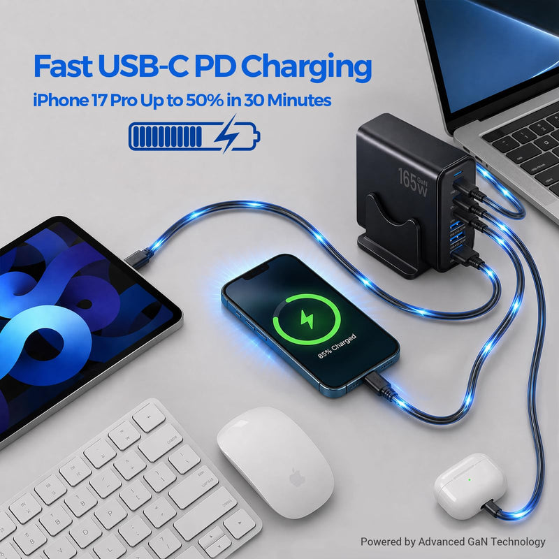 165W GaN Charging Station, 6-Port USB C & USB A Charger, Black | 6-Port USB Charging Station, 3x40W USB-C + 3x15W USB-A, Compatible with iPhone, Galaxy, iPad, Home Office, Travel and More