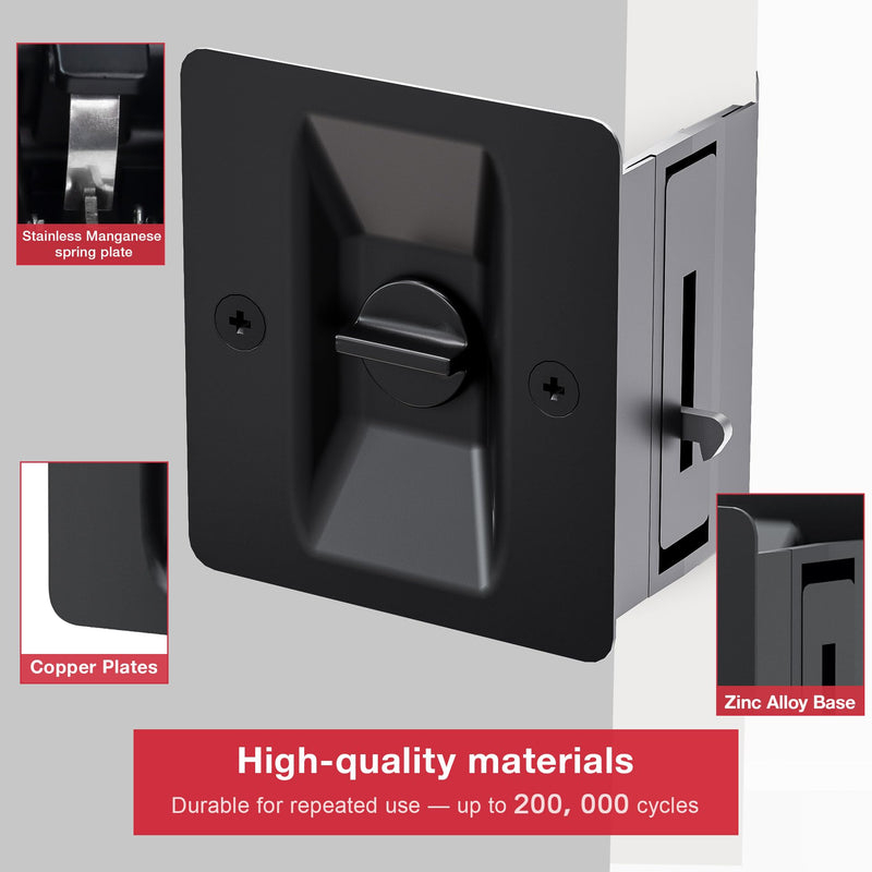 Matte Black Pocket Door Lock, 2-Pack Privacy Pocket Door Hardware, Pocket Door Handles, Pocket Door Lock Latch with Pull, 2-3/4’’x2-1/2’’, for 1.38’’-1.77’’ Thickness Door