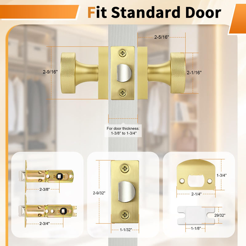 Probrico Gold Door Knobs Interior, Brushed Brass Passage Door Knob for Hallway Closet, Square Closet Door Knob with Round Knob, 3 Pack Brushed Gold