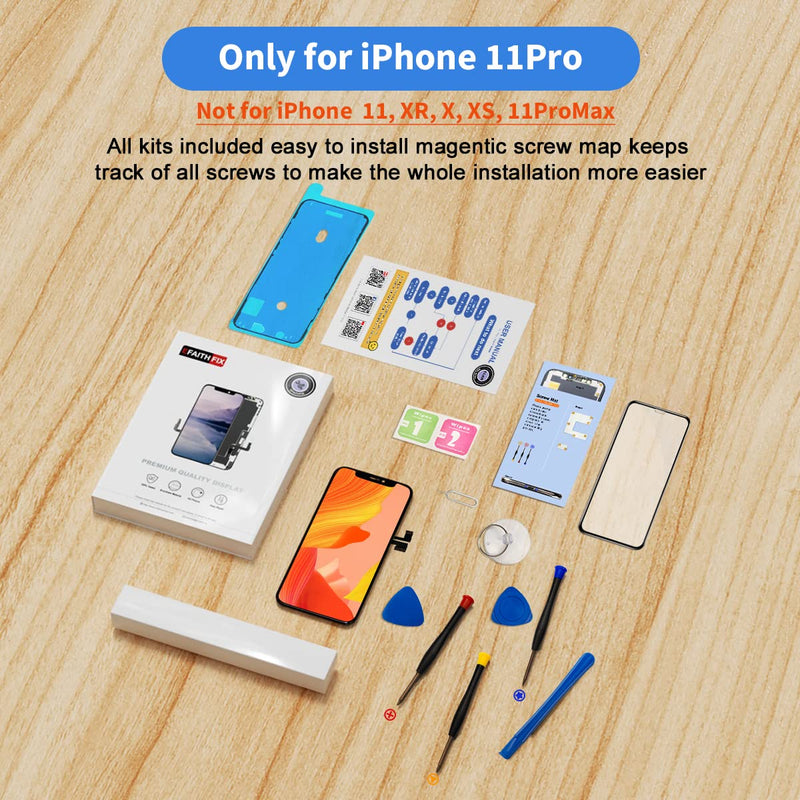 EFAITHFIX for iPhone 11 Pro LCD Screen Replacement 5.8 Inch Display 3D Touch Screen Assembly Digitizer with Repair Tools Kit Tempered Glass Protector Waterproof Adhesive for Model A2160, A2217, A2215