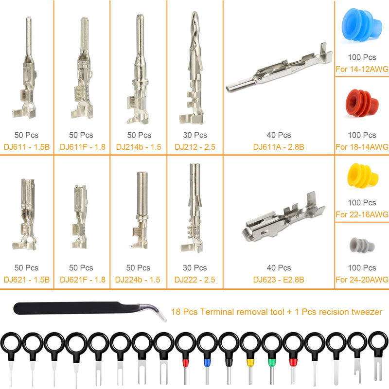 859pcs Automotive Electrical Pin Connectors Kit 1.5/1.8/2.5/2.8mm Pin Terminals Wire Connector Pins Male Female Crimp Pins with Wire Seals Terminal Removal Tool and Tweezer for 22-12 Gauge Plug 859pcs Pin Terminals