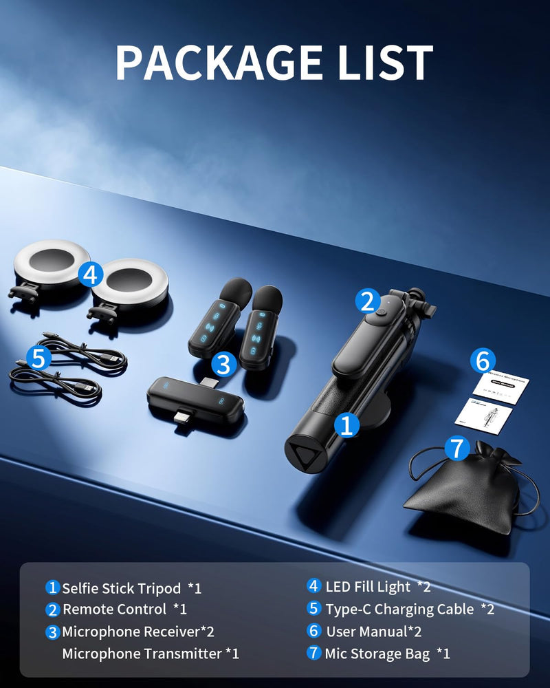 Vlogging Kit for iPhone,63" Magnetic Tripod for iPhone with 2 Light & 2 Mic | Magnetic Selfie Stick Phone Tripod with Light for Content Creator Essentials/YouTube Starter Kit/TikTok/Video Recording/Live