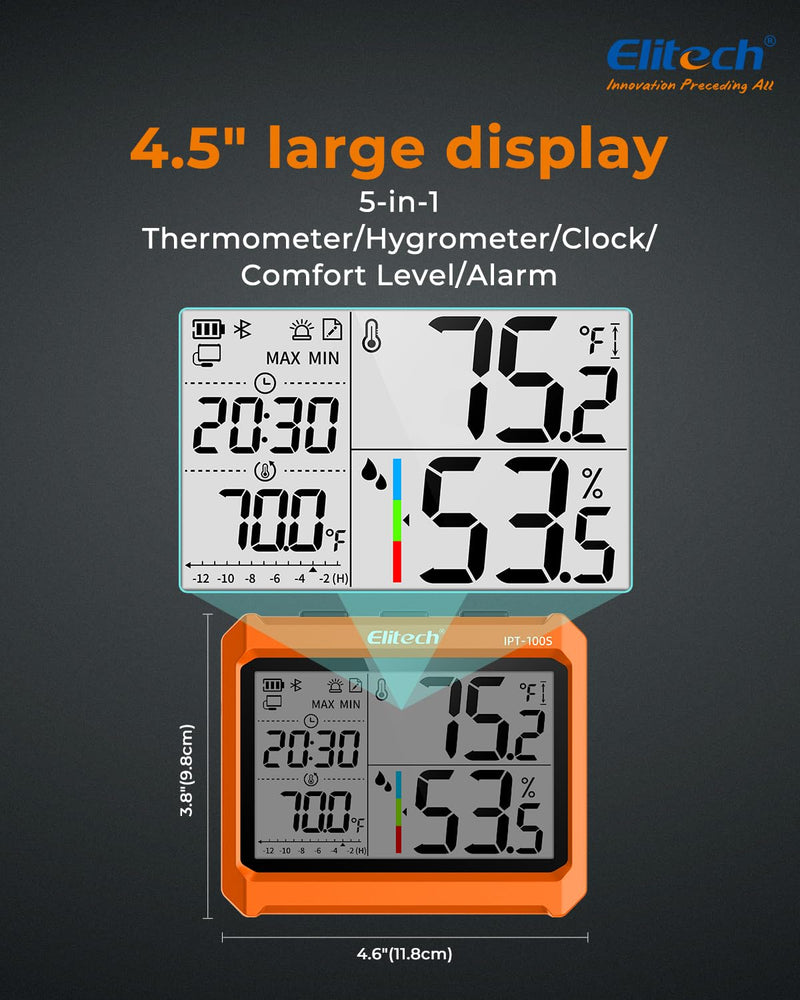 Elitech Digital Bluetooth Hygrometer Thermometer, Refrigerator Thermometer with Free APP, Real-Time Temperature Humidity Monitor with 4.5" Screen, PDF&CSV Data Export, IPT-100S with External Probe 1