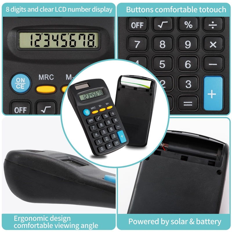 24 Pieces Pocket Size Mini Calculators,Pocket Calculator,Solar Battery Dual Power Desktop Calculators,8 Digit Display Basic Calculator for Students Kids Home Office(Black) Black-24Pcs