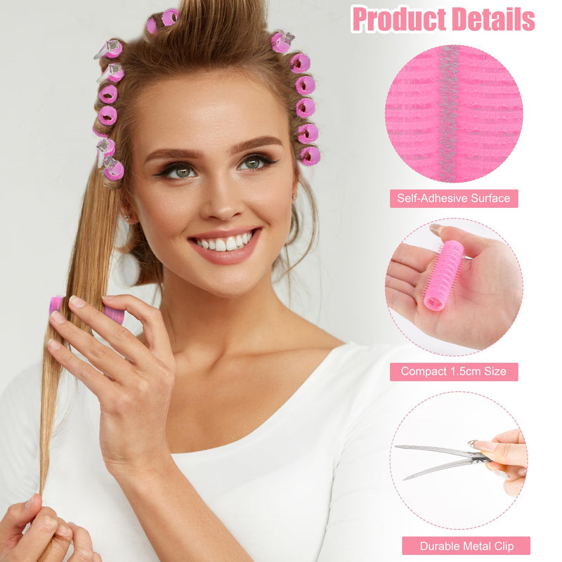 Pink Small Hair Rollers Self Grip Curlers with 12 Metal Clips Gripping Sticky Rollers for Women Long Medium Short Hair Styling DIY Hair Salon (15mm,12pcs) Pink
