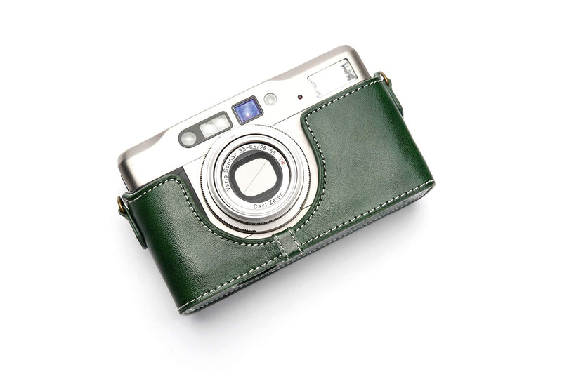 Contax TVS II Case, BolinUS Handmade Genuine Real Leather Half Camera Case Bag Cover for Contax TVS II Camera with Hand Strap (Green) Green