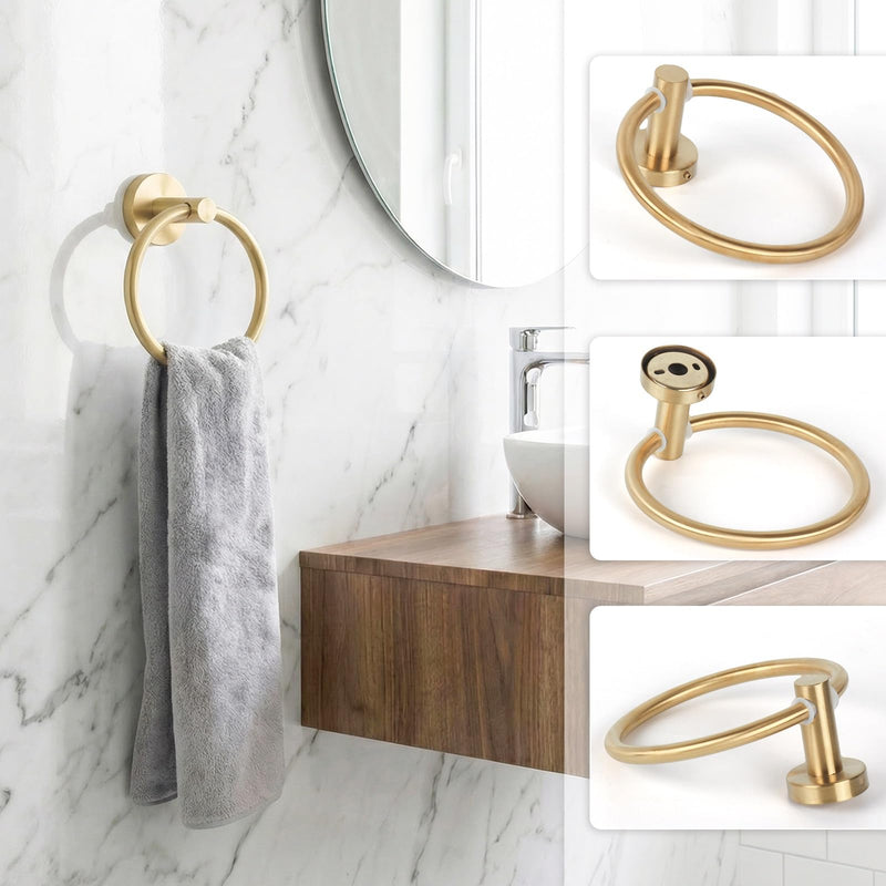 5-Piece Brushed Gold Bathroom Hardware Set, SUS304 Stainless Steel Wall Mounted Bathroom Accessories, 24 Inch Towel Bar, Towel Ring, Toilet Paper Holder, 2 Hooks, Rustproof Modern Bathroom Fixtures