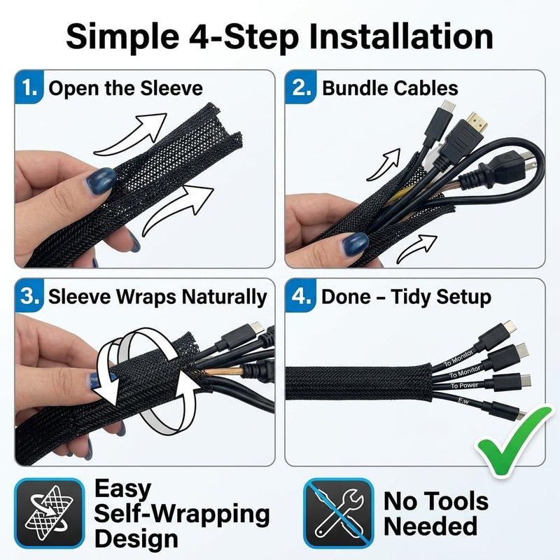Cable Management Sleeve 10ft, Cat & Dog Chew Resistant Cord Protector, Black