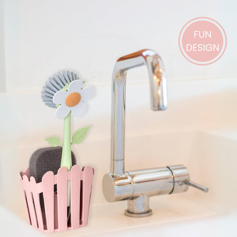 Vigar Florganic 3-in-1 Kitchen Sink Caddy Set, Flower-Shaped Dish Brush, Sponge, Fence-Shaped Holder and Suction Cup, Ideal Sink Organizer, Pink