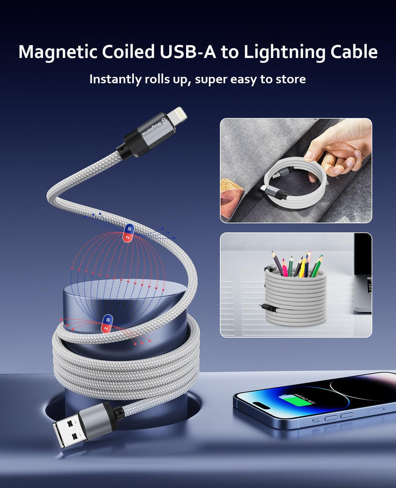 Coiled Magnetic USB A to Lightning Cable 3.3FT, Self Winding Cord | Silver Braid USB to Lightning Charging Cord Anti Tangle Car Desk Phone Cable Compatible with iPhone 14 13 12 11 Pro Max SE
