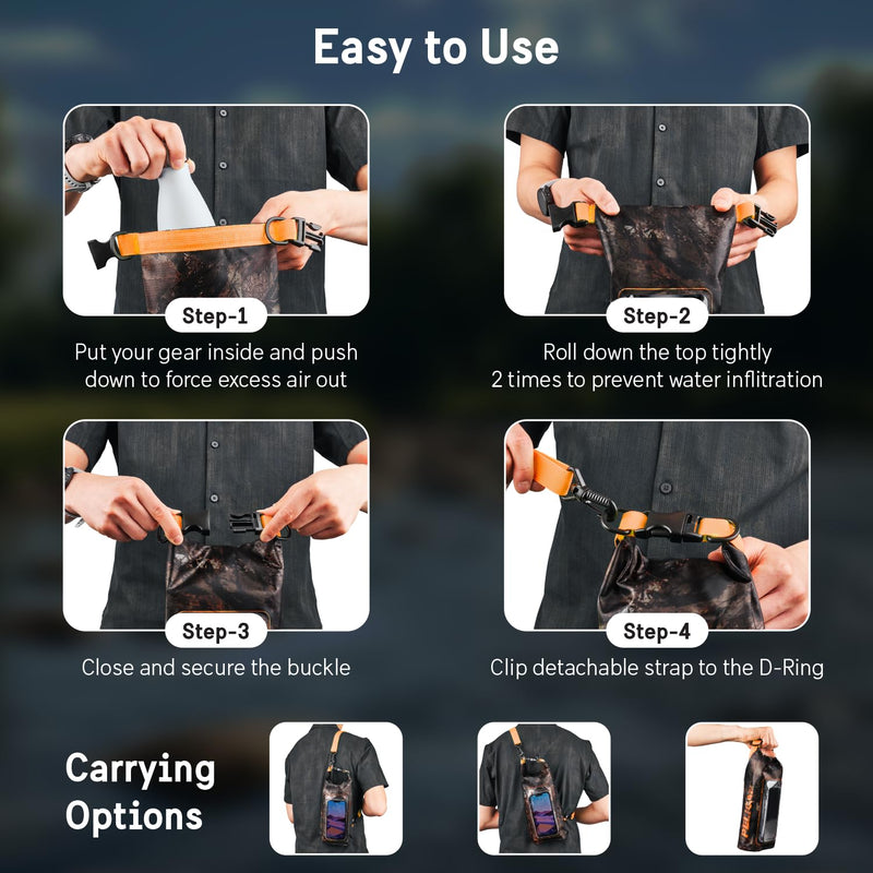 Pelican Marine IP68 Waterproof Dry Bag 2L w/Phone Pouch/Case - Hunter Camo | Roll Top Waterproof Backpack with Touchscreen Phone Pouch - Swimming, Kayaking, Camping, Rafting, Fishing & Travel Essentials Hunter Camo - 2L