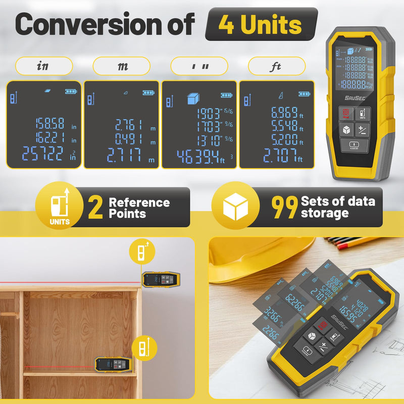 Laser Distance Meter, Digital Laser Measuring Tool with 4 Unit Switching, 1/16in Accuracy, Measuring Distance/Area/Volume/Pythagorean 229FT