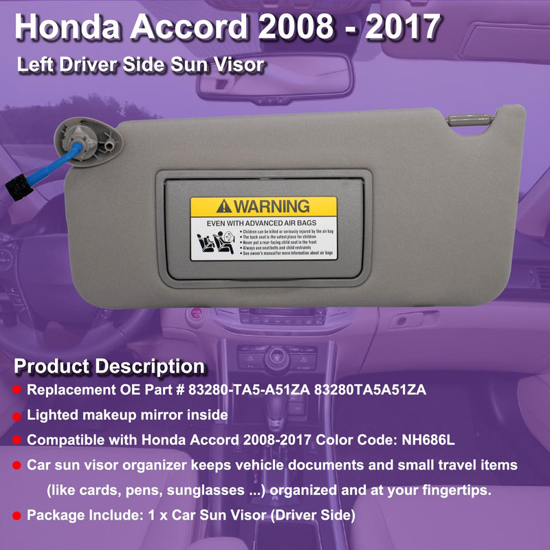 NHILES Left Driver Side Sun Visor Compatible with Honda Accord 2008 2009 2010 2011 2012 2013 2014 2015 2016 2017 with Light Replaces # 83280-TA5-A51ZA (Grey) Gray(Left Driver Side)