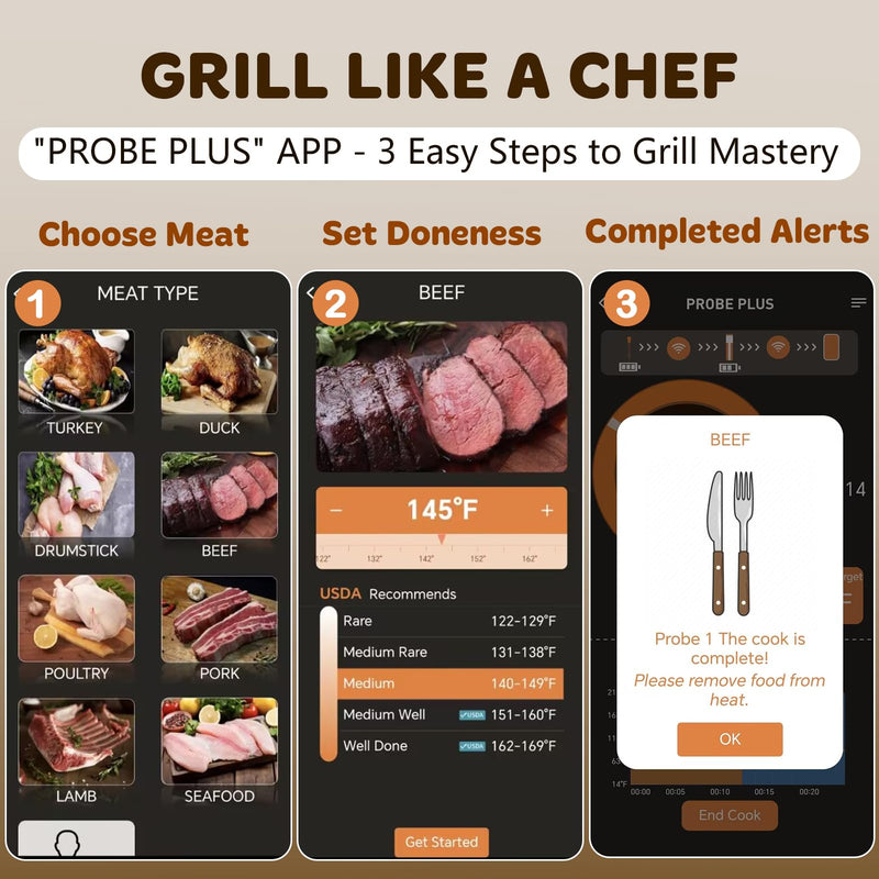  [AUSTRALIA] - Real-Time Alerts Wireless Meat Thermometer - Smart Bluetooth Meat Probe for Grill, BBQ, Oven, Smoker - Long Range Bluetooth, Accuracy Temp, Dishwasher Clean, Waterproof - Perfect for BBQ Lovers 1