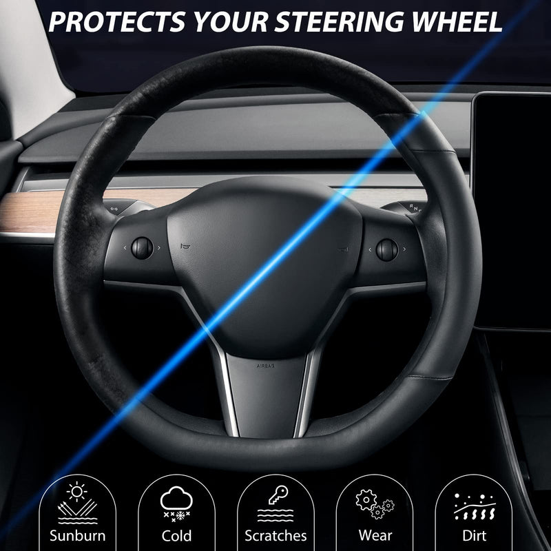 SEG Direct Flat Bottom Steering Wheel Cover, D Shaped Car Wheel Cover 14-14 1/4 in. (35.5-36 cm), for Tesla Model 3 / Y, for Camaro, Black Microfiber Leather Small size[14''-14 1/4'']