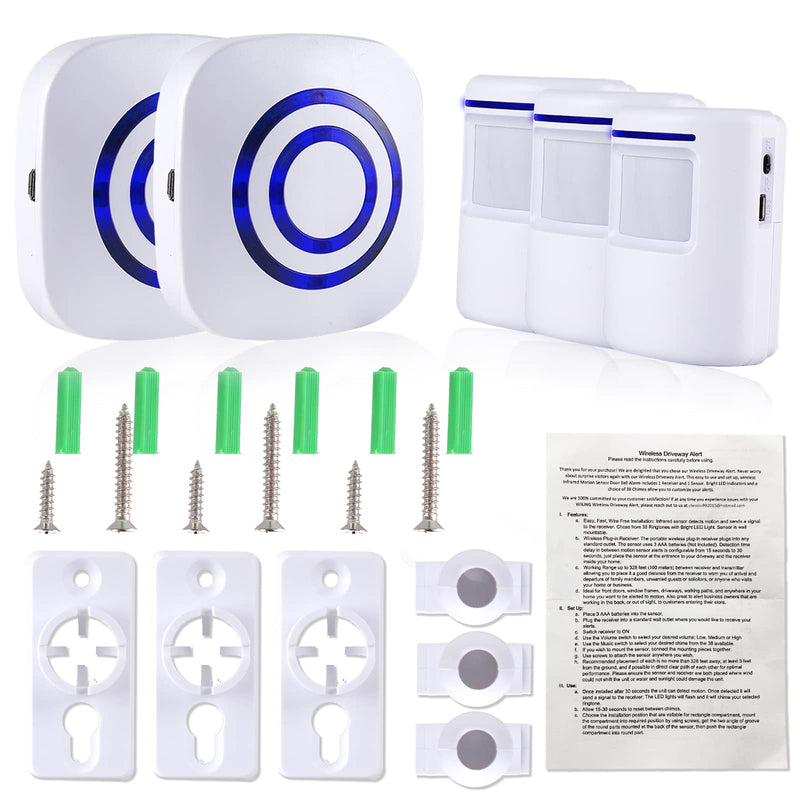 Motion Sensor Alarm - Seanme Wireless Driveway Alarm 100m Long Distance Signal Transmission, Home Security Alarm System Motion Sensor Doorbell with 38 Chime Tunes, 4 Volume Levels 2 alarms + 3 sensors