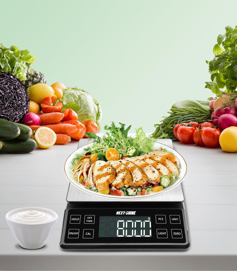 NEXT-SHINE Food Kitchen Scale 11lb, 0.1g/0.01oz Precise Graduation Rechargeable Digital Scale with Nine Units Large Tray Stainless Steel Platform LCD Display for Meal Prep Cooking Baking Black