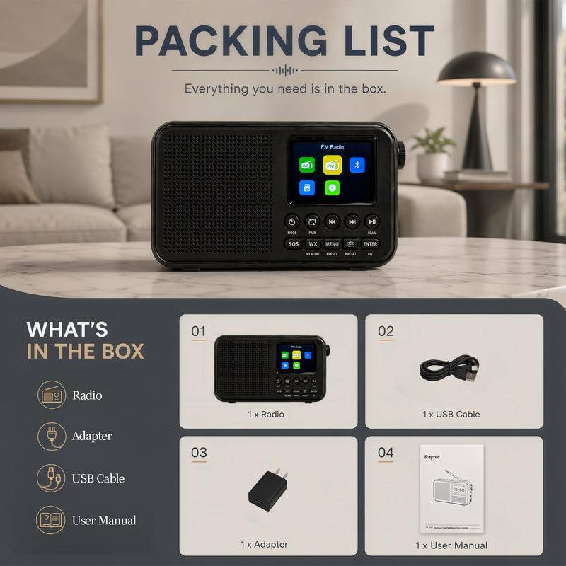 FM Radio with Bluetooth, NOAA Weather Band, 2.4" Color Screen, Rechargeable Portable Radio, Dual Alarms, microSD Playback, USB-C Charging, Headphone Jack for Home, Bedroom, Office & Travel Black