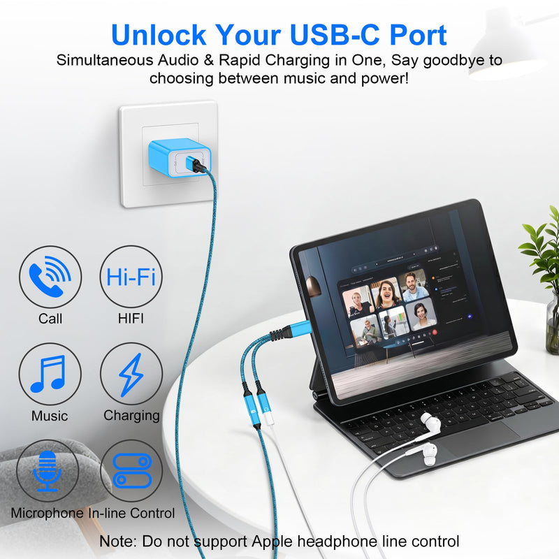 USB C Splitter 1 in 2 out Audio and Charger Adapter 60W iPhone 17 Charger Fast Charging Cable for iPhone 17e/17 Pro Max/17 Pro/16 Pro Max/16 Plus/16Pro/16/16e/15Pro Max/Plus/Pro,USB C Wired Headphones Blue-2