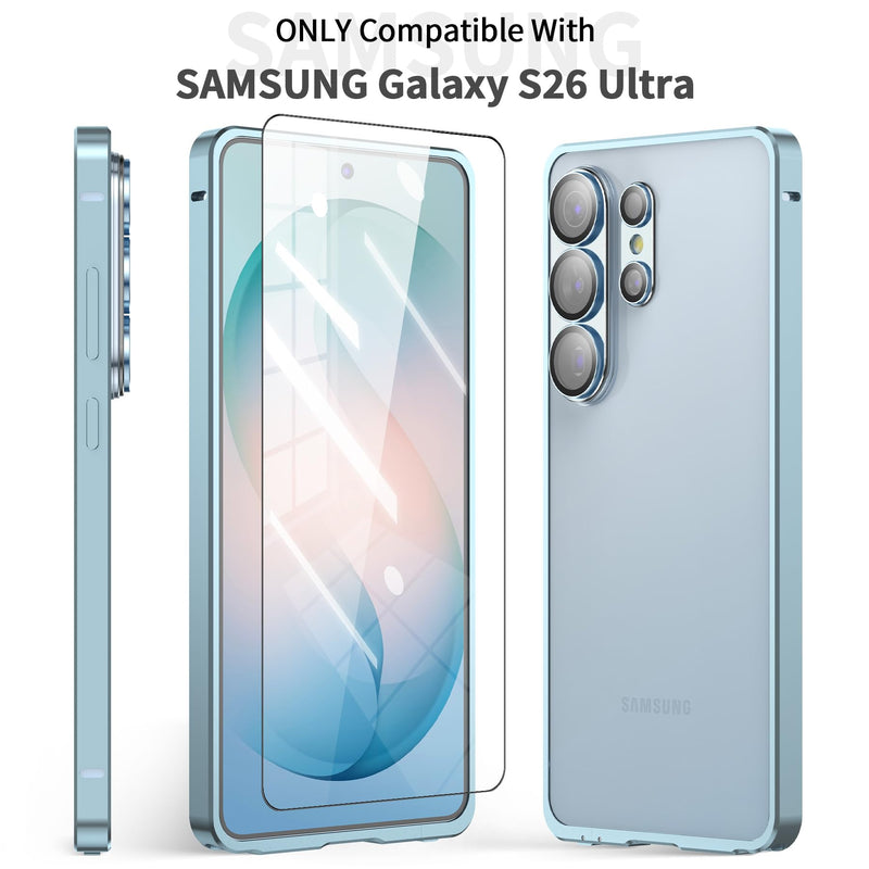 Metal Bumper Case for Samsung Galaxy S26 Ultra, Aluminium Frame Slim Case [Separate Metal Lens Protector] [HD Tempered Glass Screen Protector] [Hippocampus Buckle Design] Cover for S26 Ultra 6.9 Inch Blue for Samsung glaxy S26 Ultra