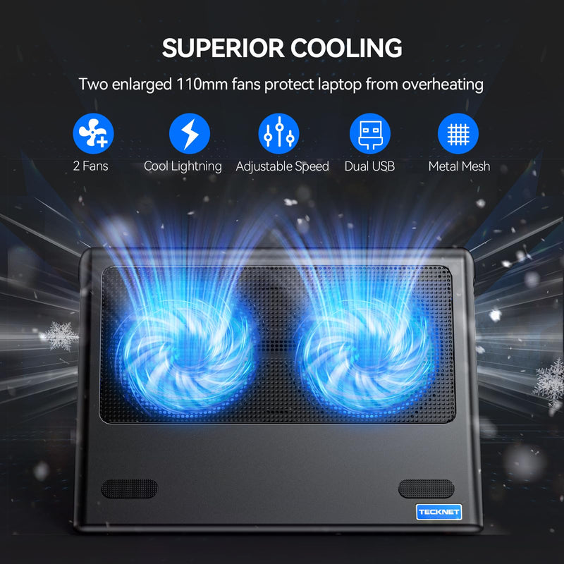 TECKNET Laptop Cooling Pad, 12"-15.6" Laptop Cooler, Gaming Laptop Cooling Stand, Wind Speed Adjustable, 2 USB Powered Laptop Fan Cooling Pad for Laptop Within 16 Inch (Blue) Blue