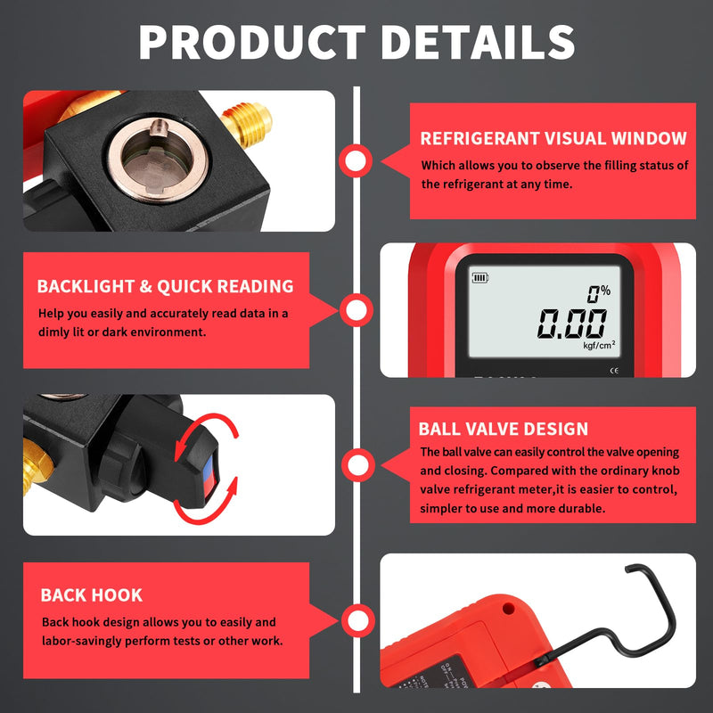 Digital Single Manifold Gauge, HVAC Refrigerants Digital AC Gauges Pressure Gauge for R22/R32/R410A/R134A/1234YF 24+ Refrigerants Recharge