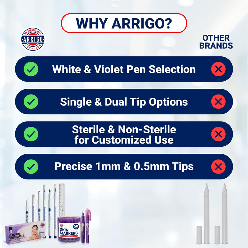 Arrigo Sterile Surgical Skin Markers – Box of 6 Individually Wrapped Violet Purple Skin Pens for Clinical Use – Single & Dual-Tip – Precise 0.5mm & 1mm – Water & Sweat-Resistant – Rulers Included 6-Pack Violet Purple Ink, Single & Dual-Tip (0.5mm & 1mm)